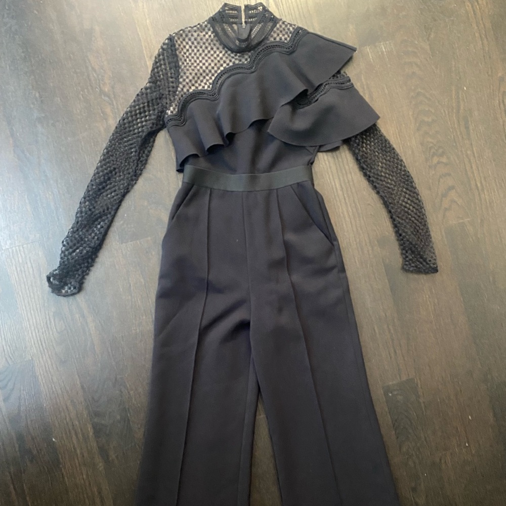Self-portrait women’s black dressy jumpsuit with lace collar and sleeves size 2